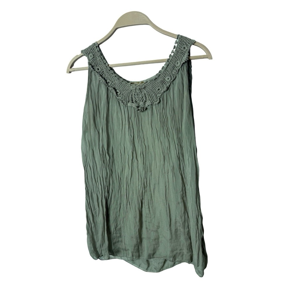 Carla ContI gray pleated crochet sleeveless silk sleeveless tank sz L